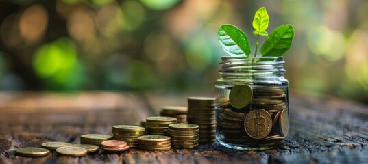 Poster - Plant growing on gold coins. Business finance profit investment and money interest concept. Generative AI technology.
