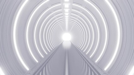 Wall Mural - White futuristic round corridor with bright light neon elements. Modern empty infinite 3d animation.