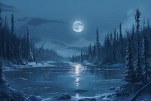 This Photo Showcases A Stunning Painting Of A River With A Full Moon In The Background, Set Against An Ethereal Winter Landscape With Snow-covered Trees.