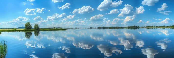 Wall Mural - Lake Sky Panorama: Reflection of Blue Sky and Clouds in Calm Water of Kama River