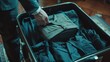 Close-up on a travel suitcase being prepared with care, packing attire for a funeral trip, highlighting the solemnity of travel preparations