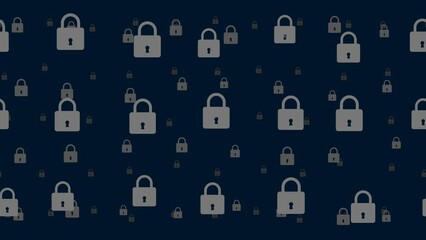 Poster - Padlock symbols float horizontally from left to right. Parallax fly effect. Floating symbols are located randomly. Seamless looped 4k animation on dark blue background