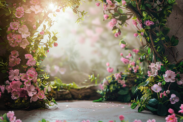 Poster - Pink flowers in the garden framing a composition with space in the middle. Background image. Created with Generative AI technology.