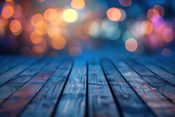 Poster - Wooden table with blurred lights and bokeh. Background image. Created with Generative AI technology.