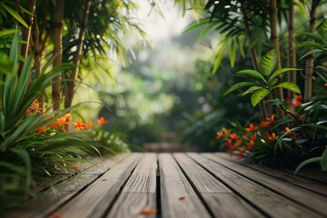 Poster - Wooden terrace floor in the garden. Blurred trees in the back. Background image. Created with Generative AI technology.
