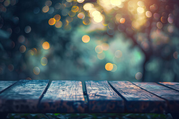 Poster - Wooden table with blurred lights and bokeh. Background image. Created with Generative AI technology.