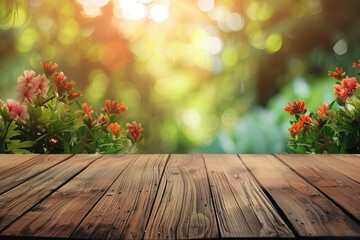 Poster - Wooden table with flowers in the garden. Blurred trees in the back. Background image. Created with Generative AI technology.
