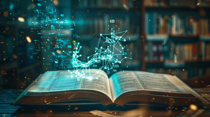 Glowing AI physics equations floating above open textbook in dark library, concept of knowledge and innovation