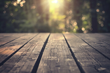 Poster - Wooden table in the garden. Blurred trees in the back. Background image. Created with Generative AI technology.