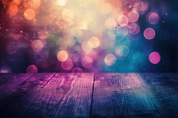 Poster - Wooden table with blurred lights and bokeh. Background image. Created with Generative AI technology.