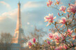 Pink magnolia flowers in full bloom with Eiffel tower in the background. Early spring in Paris, France.