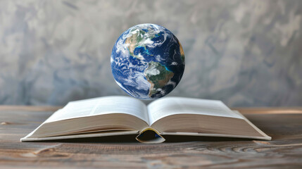 Global knowledge: Planet Earth floating above an open textbook, symbolizing education, sustainability, and innovation