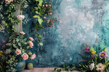 Poster - Flowers and plants framing a blue painted wall. Background image. Created with Generative AI technology.