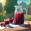 A jug of berry juice standing next to an empty glass illuminated by the sun on a table in the garden