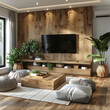 Habitación o salón de estar, con suelos de madera y pared de fondo recubierta de madera, tablones, luces empotradas, y ventana lateral, espacio agradable y acogedor, tonos suaves, orgánicos, seremos