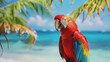 A vibrant red macaw parrot perched on a beautiful island surrounded by turquoise ocean waters and lush palm trees