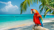 A stunning red macaw parrot rests on a picturesque island embraced by turquoise ocean waves and verdant palm trees