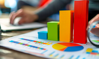 Poster - Colorful wooden blocks and magnifying glass on financial documents with blurred background, conceptual image representing business analysis, strategic planning, and data-driven decision making.