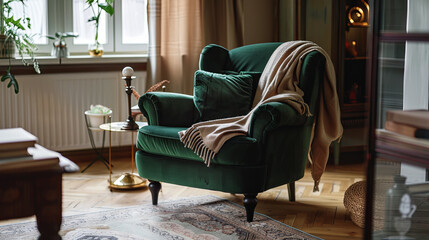 Wall Mural - Comfortable beautiful green chair in a bright cozy room