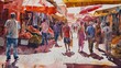 A painting of a busy market scene with people walking around and carrying bags