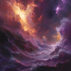 Wall Mural - The red mountain is filled with purple cloud smoke. Generative AI