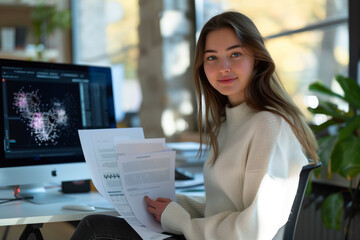 Young IT project manager woman, american brunette sitting, working at her desk in the office, holding papers