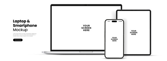 Leinwandbilder - Modern laptop mockup front view and high quality smartphone and tablet mockup isolated on white background. Notebook mockup and phone device mockup for ui ux app and website presentation.Stock Vector.