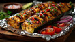 Grilled corn on the cob with spices, served on foil with fresh vegetables.