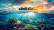 A vibrant painting of a tropical ocean scene showcasing colorful corals and various fish swimming in crystal clear water