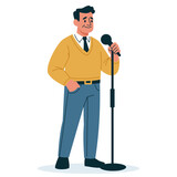 Fototapeta Pokój dzieciecy - Flat vector illustration. a man in age stands and says something into a microphone, a speaker, a coach. Vector illustration