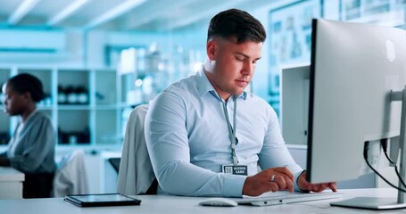 Poster - Science, research and man at computer typing online results in pharmaceutical study in laboratory. Report, email or scientist checking website with medical innovation, technology or lab ideas at desk