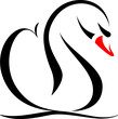 stylized image of a swan with a red beak on a wave, black and white drawing, vector