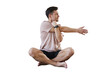 © muse studio - Yoga coach a man in a T-shirt doing a workout in fitness clothes, a warm-up exercise for the body. Isolated transparent background.