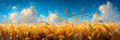 Glistening wheat ears in the summertime,
Wheat field Ears of wheat on blurry sunset background