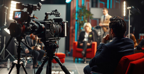 Behind scenes of television interview set: professional cameras aimed at guest speaker with host, highlighting media production and broadcast journalism.