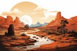 Vivid desert illustration with towering red rock formations and a winding river at sunset.