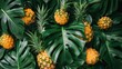 Tropical pineapples resting among vibrant green monstera leaves, presenting fresh and natural tropical fruit display. Organic produce and sustainable agriculture.