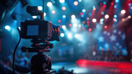 Professional video camera set up for shooting concert with colorful stage lights and atmospheric fog. Event production and technology.