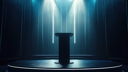 Wall Mural - Modern minimalist podium or stage illuminated by blue LED lights against dark background for product displays and presentations. Futuristic design and showcase.