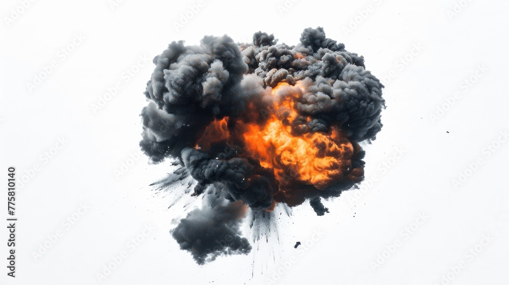 Explosive burst of fire and smoke isolated on white background ...