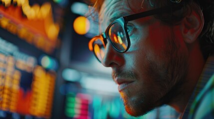 Aufkleber - Focused male stock market trader analyzing data on multiple computer screens in dimly lit office. Technology and finance.