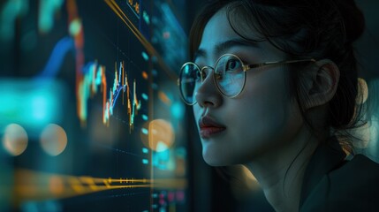 Poster - Focused business woman analyzing financial charts on computer screens in modern office environment. Corporate strategy and data analysis.