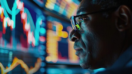 Poster - Focused financial analyst evaluating stock market trends on multiple monitors, insightful data analysis and investment strategy. Market research and analysis.