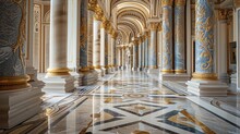 Ornate Baroque Style Corridor With Marble Floors And Gilded Columns, Demonstrating Luxury Architecture And Interior Design. Grandeur And Opulence In Architectural Design.