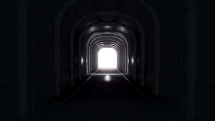 Wall Mural - abstract empty dark corridor or tunnel with moving light. modern fashion 3d animation. realistic mot