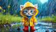 Cute kitten in a raincoat and rubber boots outside in the rain. AI generated.