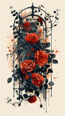 Wall Mural - A picture of a bunch of red roses. Black, red and orange romantic flat illustration