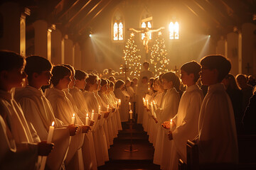 Wall Mural - children church choir sings a prayer in the church for christmas with candles in hand