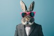A rabbit with a stylish sense of fashion wearing a suit and pink sunglasses poses against a cool blue backdrop.