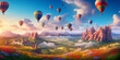A patchwork of colorful hot air balloons soaring high above a picturesque countryside.